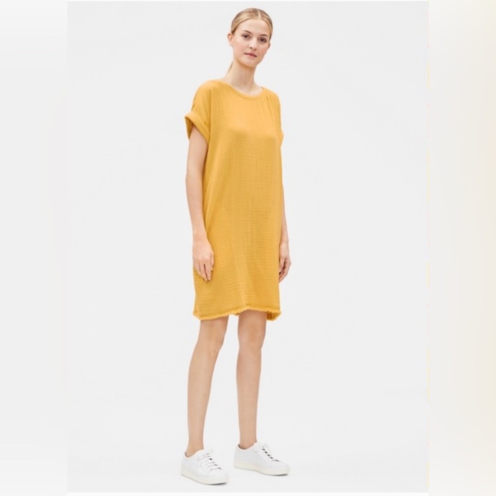 Eileen Fisher Organic Cotton Gauze Saffon Yellow Dress SZ XXS